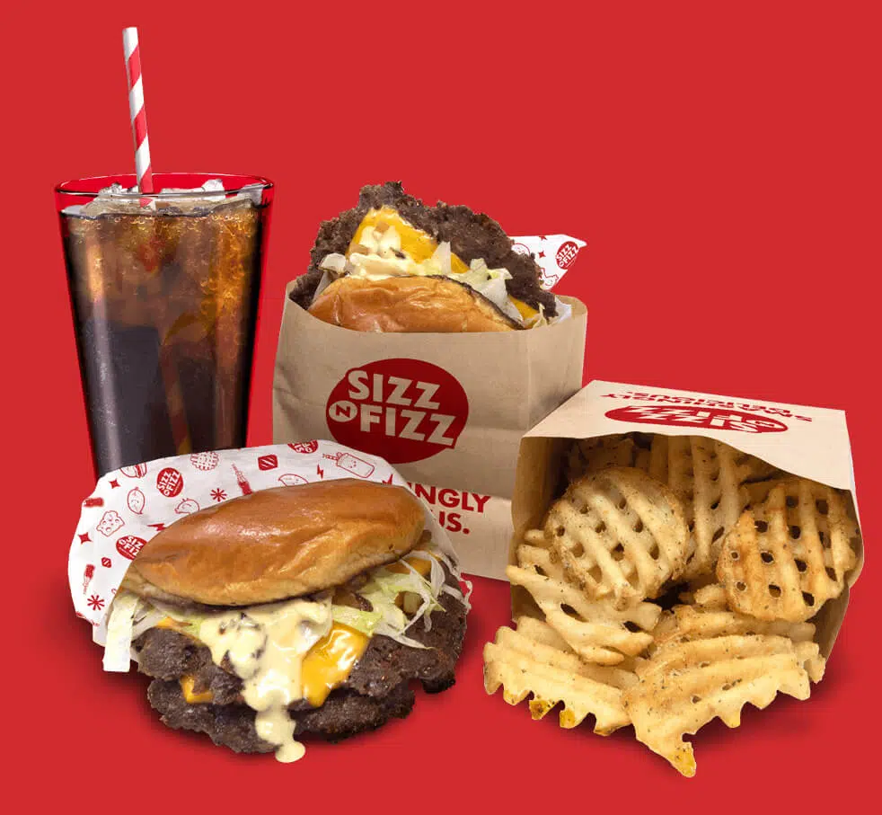 Sizz N Fizz Smash Burger Waffle Fries and Soda Pop